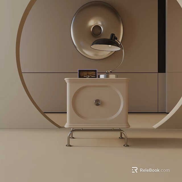 Modern Cream Bedside Table With Metal Legs Table Lamp And Small Photo Frame 3d model 