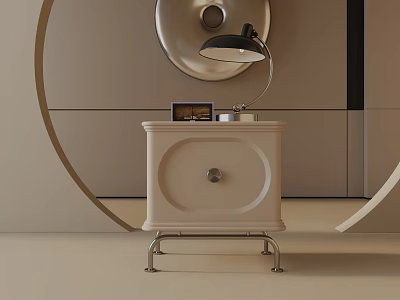 Modern Cream Bedside Table With Metal Legs Table Lamp And Small Photo Frame 3d model