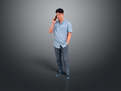 Man Wearing Blue Shirt And Jeans Talking On Phone With Black Cap Against Gray Background 3d model