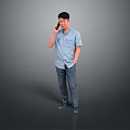 Man Wearing Blue Shirt And Jeans Talking On Phone With Black Cap Against Gray Background 3d model