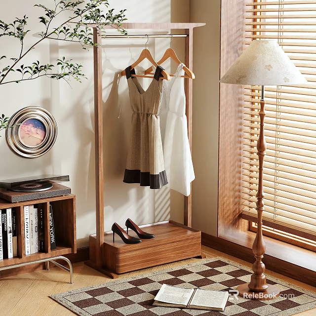 Clothing Rack Holding Dress And Shoes Near Bookshelf With Floor Lamp In Cozy Home Interior 3d model 