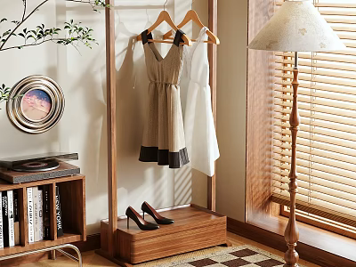 Clothing Rack Holding Dress And Shoes Near Bookshelf With Floor Lamp In Cozy Home Interior 3d model