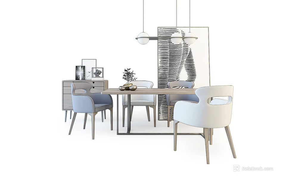 Modern Dining Table Set With Chairs Pendant Lights And Sideboard Decor 3d model