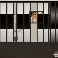 Black Louvered Shutters As Interior Room Divider With Wooden Floor And Plant