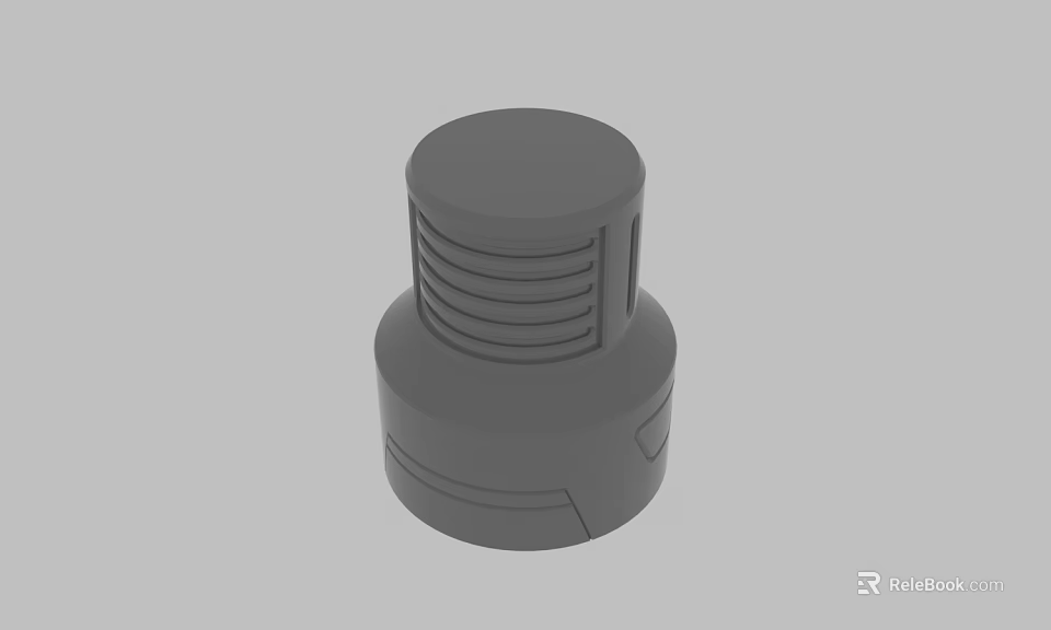 Gray Cylindrical 3D Mechanical Component With Ribbed Top And Grooved Base 3d model 
