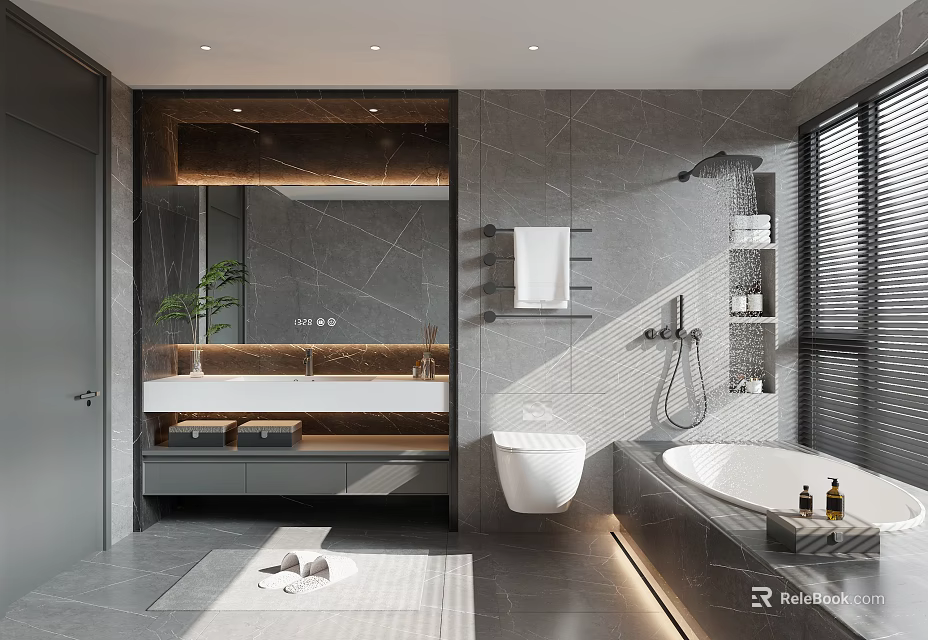 Modern Luxury Bathroom With Marble Tiles Freestanding Tub Wall Mounted Toilet And Elegant Vanity 3d model 
