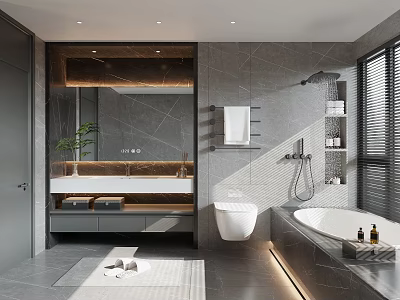 Modern Luxury Bathroom With Marble Tiles Freestanding Tub Wall Mounted Toilet And Elegant Vanity 3d model