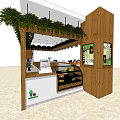 Wooden Reception Desk With Hanging Green Plants And Fruit Display Shelves