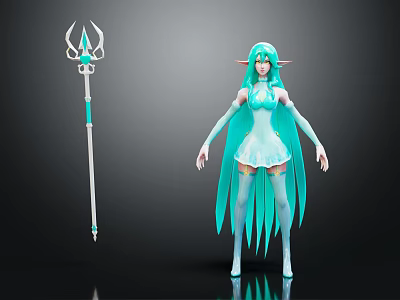 Fantasy Elven Female Character with Green Hair Elf Ears Blue Dress and Blue Accent Staff 3d model