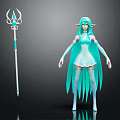 Fantasy Elven Female Character with Green Hair Elf Ears Blue Dress and Blue Accent Staff