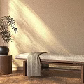 Wooden Shoe Bench With Upholstered Seat And Potted Plant In Sunlit Entryway