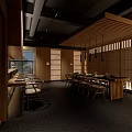 Modern Japanese Restaurant Interior With Wooden Tables Chairs Hanging Lights And Shoji Screens