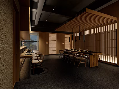 Modern Japanese Restaurant Interior With Wooden Tables Chairs Hanging Lights And Shoji Screens 3d model