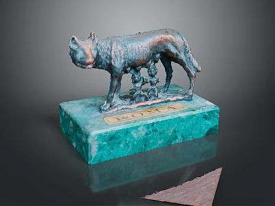 Roman Bronze Wolf Sculpture On Green Marble Base With Golden Roma Plaque 3d model