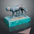 Roman Bronze Wolf Sculpture On Green Marble Base With Golden Roma Plaque