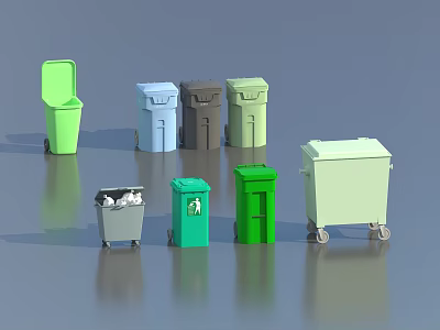 Public Facilities Featuring Colorful Different Types of Trash Bins With Lids And Wheels 3d model