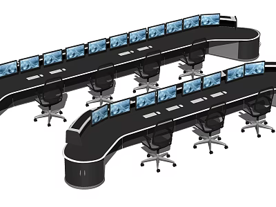 Curved Office Desk Setup With Multiple Monitors And Swivel Office Chairs 3d model