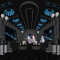 Futuristic KTV Interior Featuring Blue Lighting Fan-shaped Ceiling Lights Starry Screens And Sofas