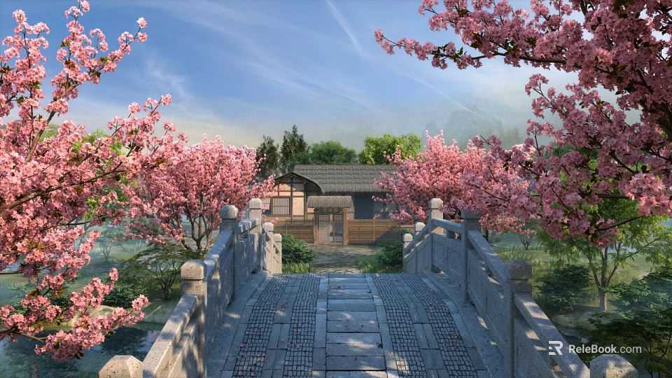 Peaceful Traditional Chinese Spring Landscape With Stone Bridge Blossoming Pink Cherry Trees And Rustic Cottage 3d model 