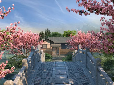 Peaceful Traditional Chinese Spring Landscape With Stone Bridge Blossoming Pink Cherry Trees And Rustic Cottage 3d model