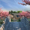 Peaceful Traditional Chinese Spring Landscape With Stone Bridge Blossoming Pink Cherry Trees And Rustic Cottage