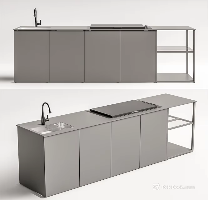 Modern Kitchen Interior Featuring Sleek Cabinets Countertop Sink And Open Shelves 3d model 