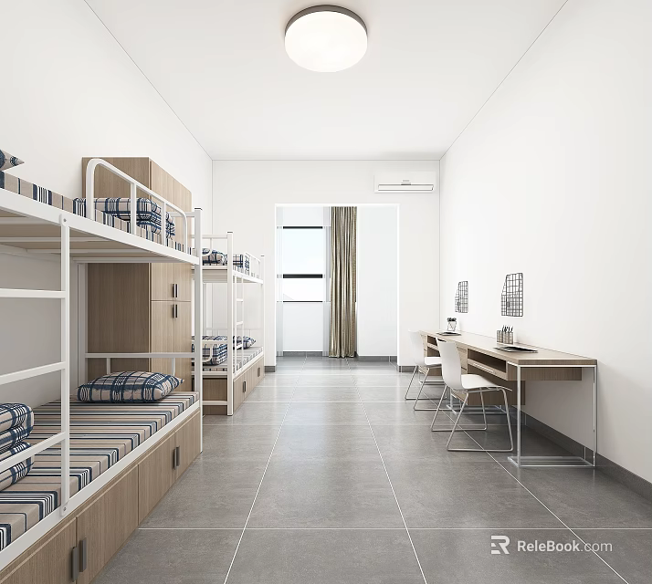 Modern Simple Student Dormitory Room With Bunk Beds Desks White Walls And Gray Floor 3d model 