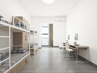 Modern Simple Student Dormitory Room With Bunk Beds Desks White Walls And Gray Floor 3d model