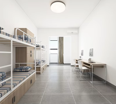 Modern Simple Student Dormitory Room With Bunk Beds Desks White Walls And Gray Floor 3d model