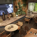 Rustic Restaurant Interior With Wooden Ceiling Hanging Green Plants Projection Screen And Wooden Tables