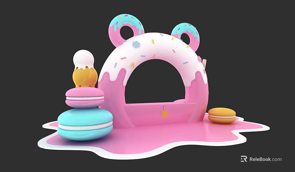 Pink Donut Arch With Macarons Ice Cream And Melting Frosting Base 3d model 
