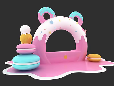 Pink Donut Arch With Macarons Ice Cream And Melting Frosting Base 3d model