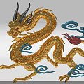 Elaborate Golden Dragon Sculpture with Blue Clouds and Red Tail Accents