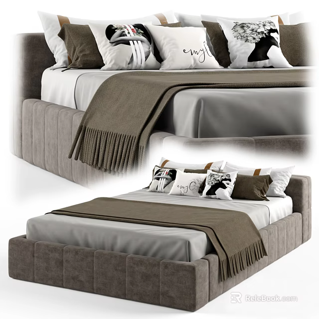Modern Double Bed With Upholstered Frame Plush Pillows And Fringed Blanket 3d model