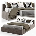 Modern Double Bed With Upholstered Frame Plush Pillows And Fringed Blanket 3d model