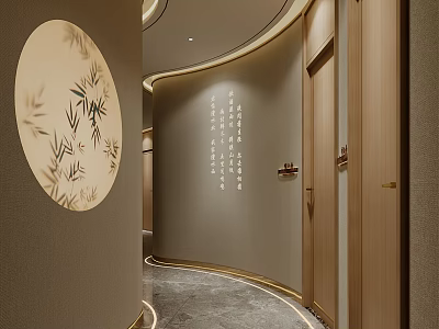 Elegant Hotel Corridor with Curved Design Wooden Doors and Decorative Wall Art 3d model
