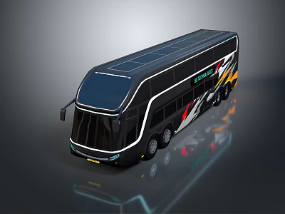 Futuristic Double Decker Bus With Sleek Body Colorful Stripes And Black Roof 3d model