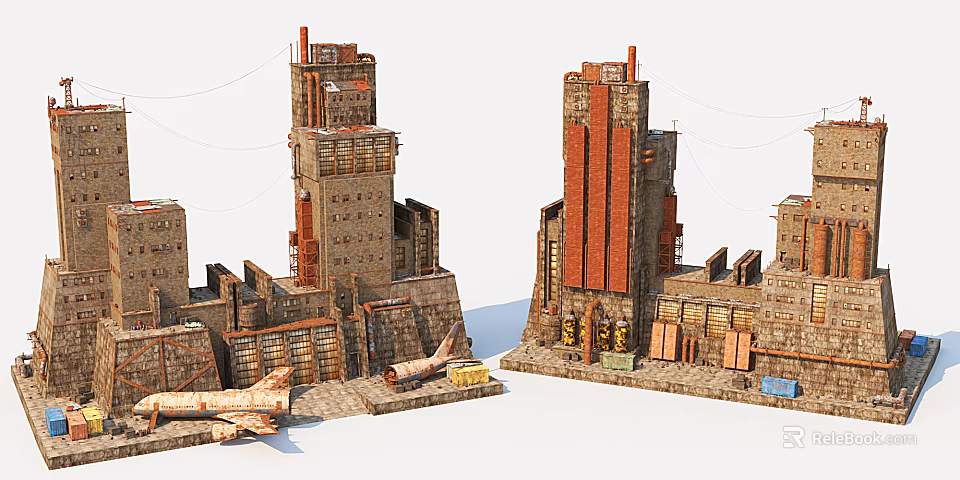 Industrial Factory Exterior With Brick Structure Chimneys Pipes And Stacked Materials 3d model 