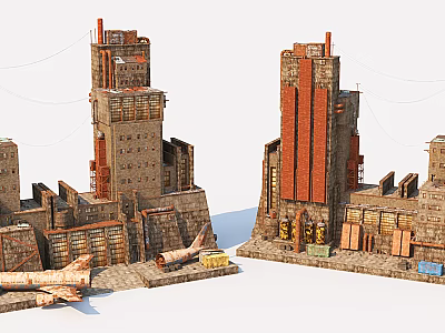 Industrial Factory Exterior With Brick Structure Chimneys Pipes And Stacked Materials 3d model