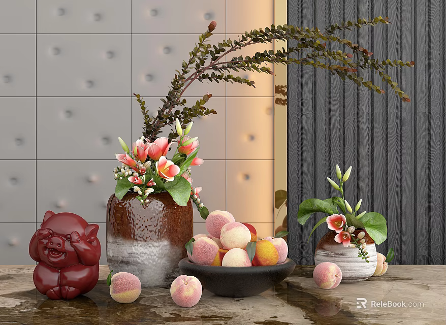 Elegant Vase With Fresh Floral Arrangement And Peach Decor On Wooden Table 3d model 