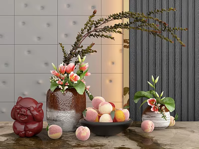 Elegant Vase With Fresh Floral Arrangement And Peach Decor On Wooden Table 3d model