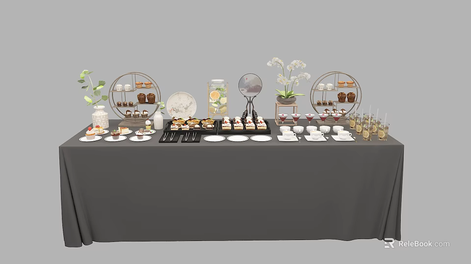 Elegant Coffee Break Area Setup With Gray Tablecloth Desserts Cups Display Racks And Flower Decorations 3d model 