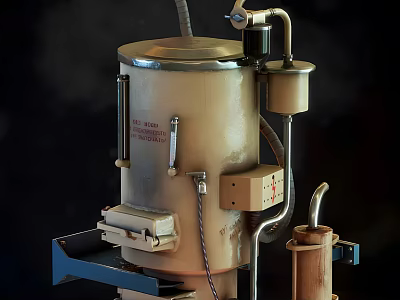 Beige Cylindrical Domestic Heating Appliance with Metal Valves Pipes and Base Stand for Household Use 3d model