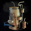 Beige Cylindrical Domestic Heating Appliance with Metal Valves Pipes and Base Stand for Household Use