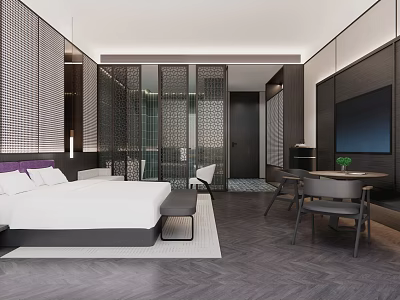 Modern Hotel Room With White Bed Gray Herringbone Flooring Black Partition Wall TV And Desk 3d model