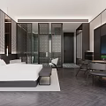 Modern Hotel Room With White Bed Gray Herringbone Flooring Black Partition Wall TV And Desk