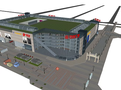 Modern Commercial Building Design With Green Roof Glass Curtain Wall Surrounding Streets And Parking Area 3d model