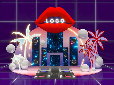 Stylish Photo Check-in Spot With Purple Grid Background Red Lips Logo Neon Lights Palm Trees 3d model