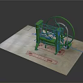 Green Mechanical Equipment with Large Circular Wheel and Metal Frame on Gray Platform