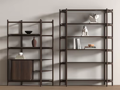 Modern Dark Wooden Bookshelves With Decorative Vases Sculptures And Books 3d model